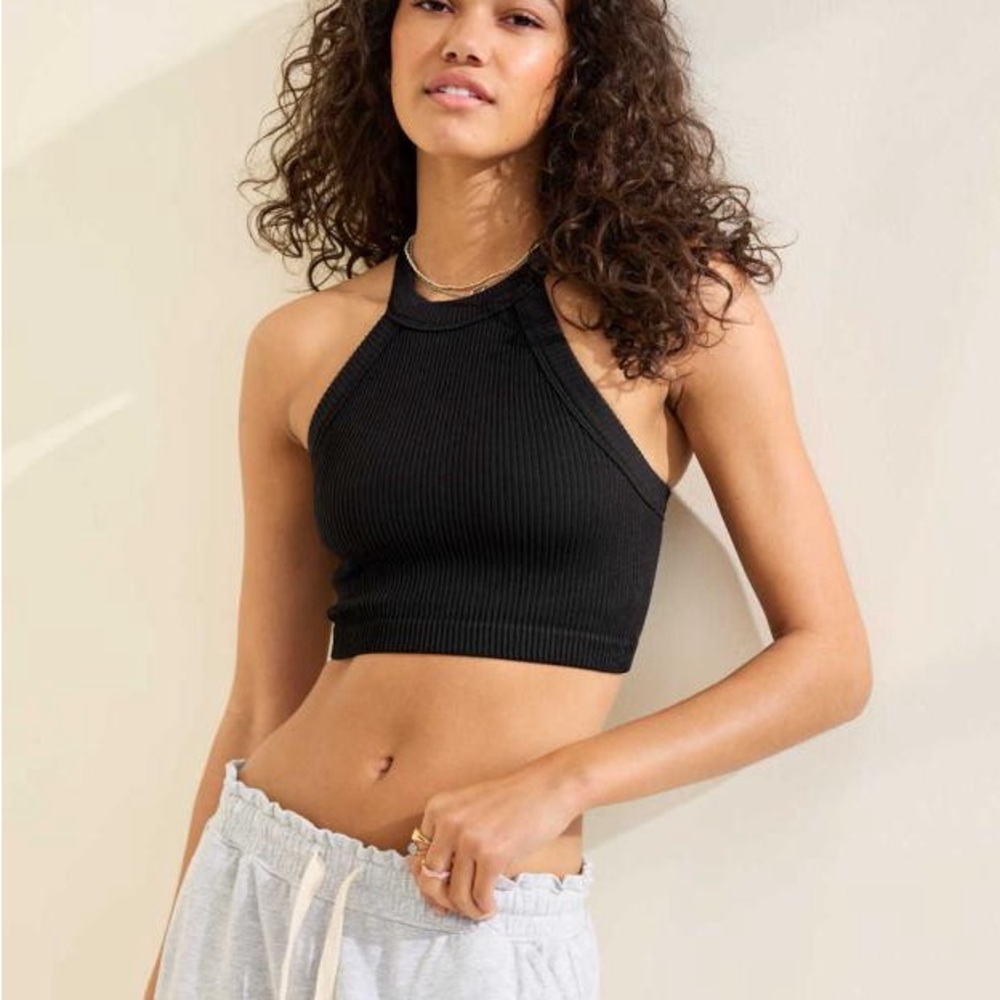Aerie Superchill Black Ribbed Halter Crop Top